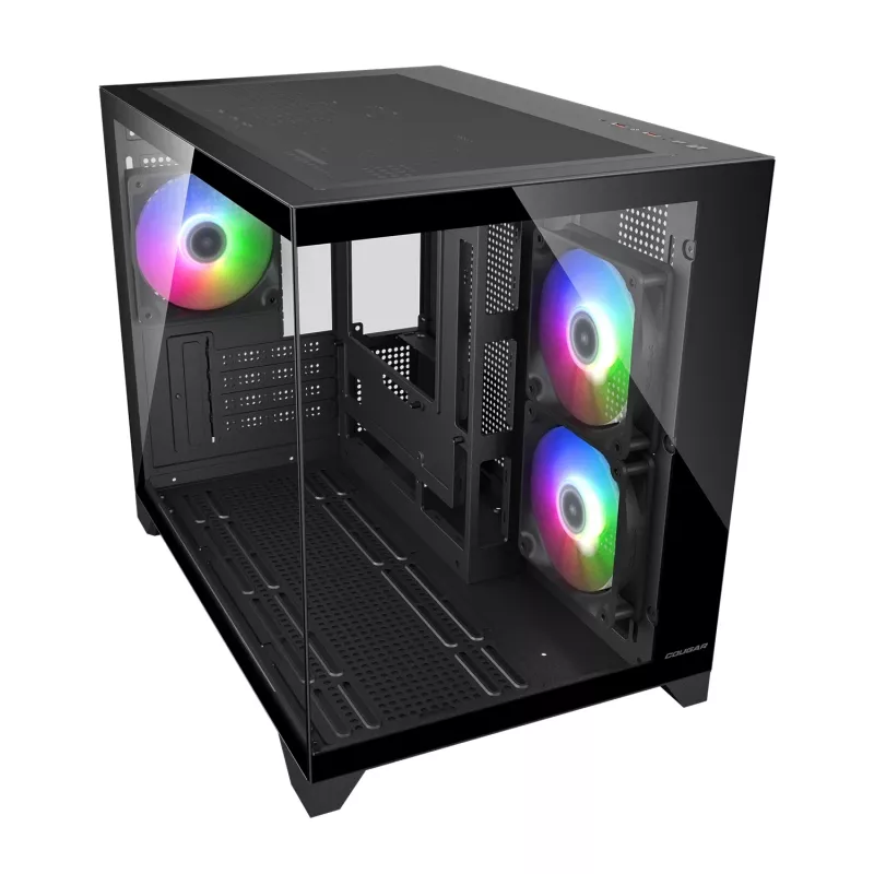Caixa de PC mini-torre Cougar FV150 ARGB — preto, suporta 2x ventoinhas laterais de 120/140 mm, 1x de 120 mm traseira, HDD 2,5 polegadas/3,5 polegadas, 285×435×365 mm