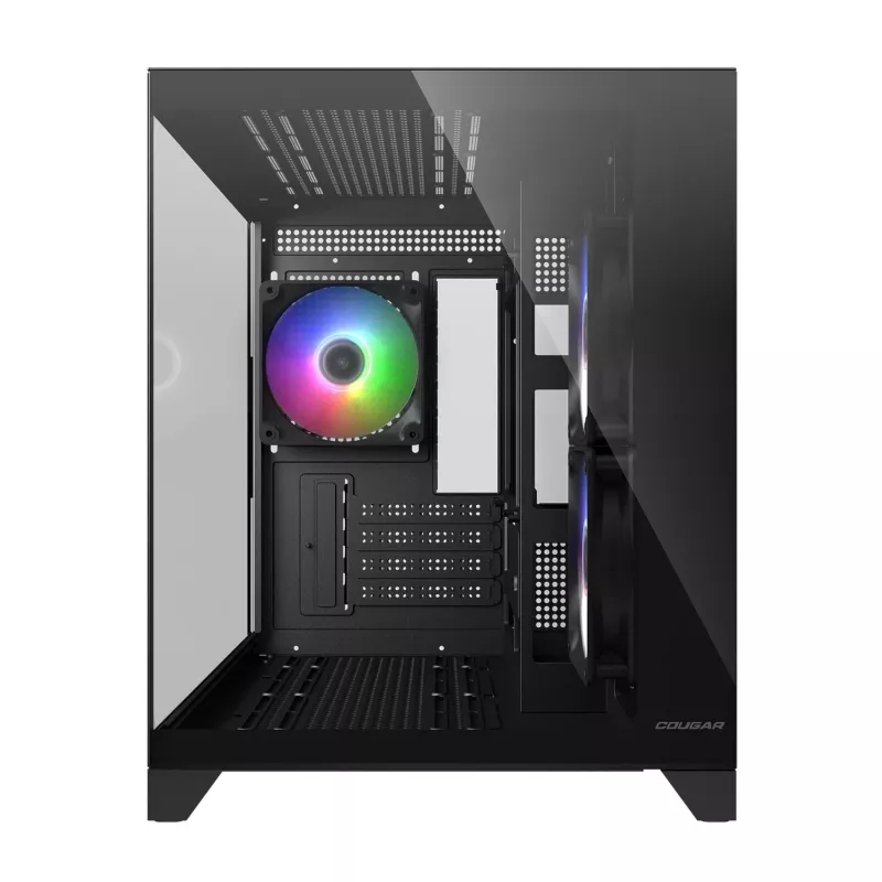 Caixa de PC mini-torre Cougar FV150 ARGB — preto, suporta 2x ventoinhas laterais de 120/140 mm, 1x de 120 mm traseira, HDD 2,5 polegadas/3,5 polegadas, 285×435×365 mm