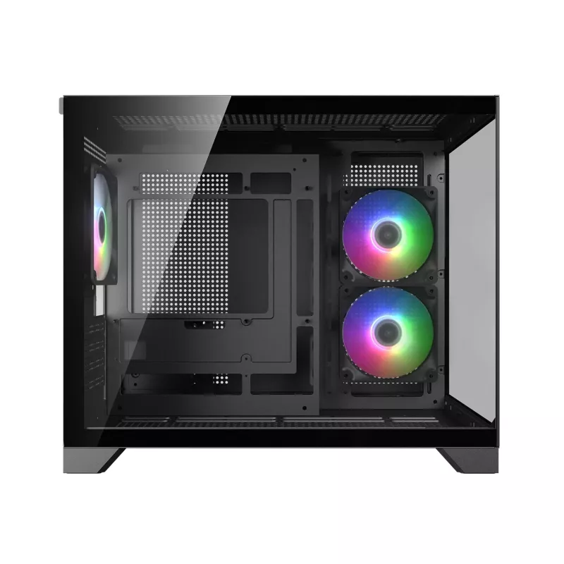 Caixa de PC mini-torre Cougar FV150 ARGB — preto, suporta 2x ventoinhas laterais de 120/140 mm, 1x de 120 mm traseira, HDD 2,5 polegadas/3,5 polegadas, 285×435×365 mm