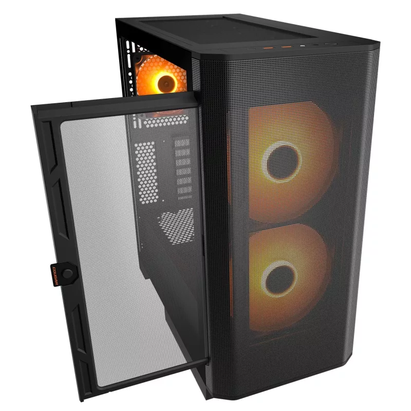 Caixa de PC midi tower Cougar Airface FLO ARGB, preto — suporta 2x 180 mm à frente, 1x 120 mm atrás, unidades de 2,5/3,5 polegadas, 240×480×509 mm