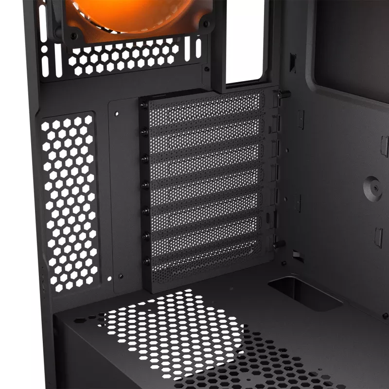 Caixa de PC midi tower Cougar Airface FLO ARGB, preto — suporta 2x 180 mm à frente, 1x 120 mm atrás, unidades de 2,5/3,5 polegadas, 240×480×509 mm