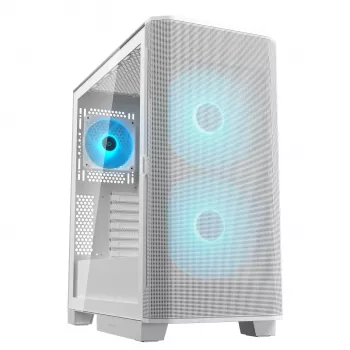 Caixa de PC midi tower COUGAR Airface FLO ARGB branco — 2x180 mm à frente, 1x120 mm atrás, suporta HDD de 2,5 polegadas/3,5 polegadas, 240×480×509 mm