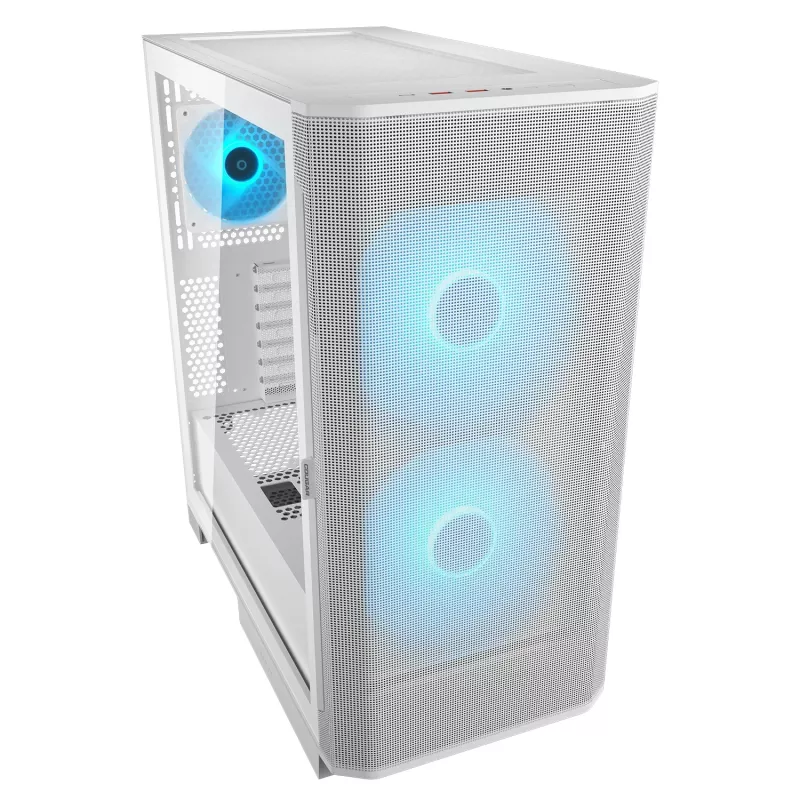 Caixa de PC midi tower COUGAR Airface FLO ARGB branco — 2x180 mm à frente, 1x120 mm atrás, suporta HDD de 2,5 polegadas/3,5 polegadas, 240×480×509 mm