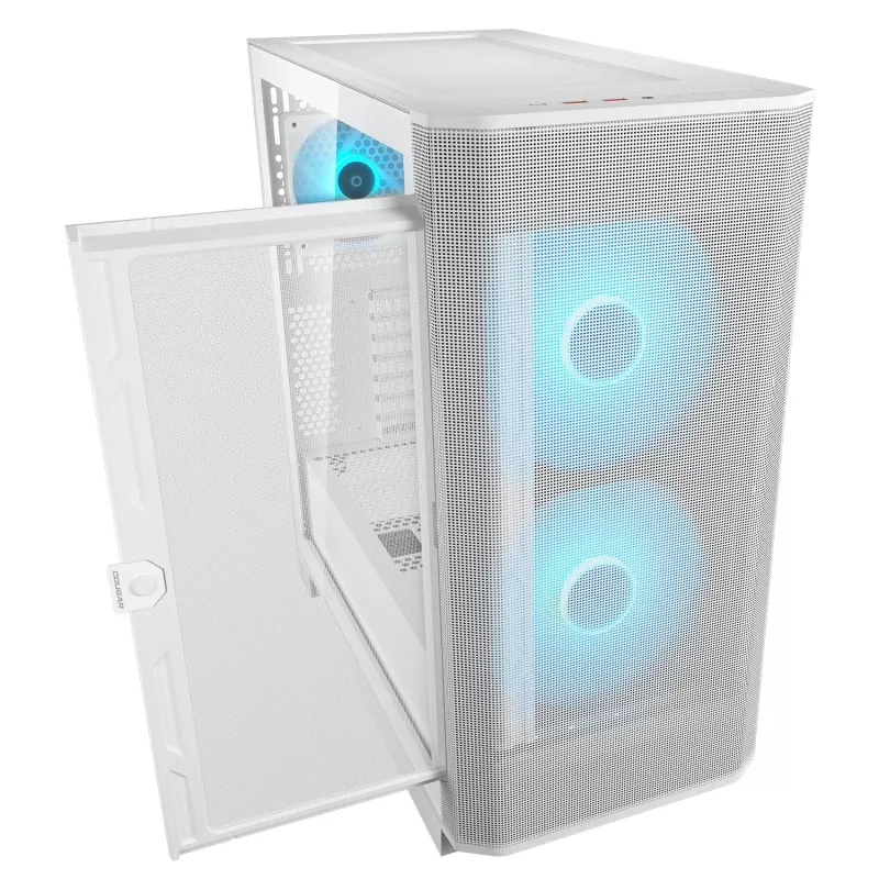 Caixa de PC midi tower COUGAR Airface FLO ARGB branco — 2x180 mm à frente, 1x120 mm atrás, suporta HDD de 2,5 polegadas/3,5 polegadas, 240×480×509 mm