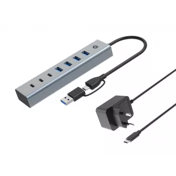 Conceptronic HUBBIES20GP hub USB 3.0 de 7 portas com fonte de alimentação, 5Gbps, USB-C x 3, USB-A x 4
