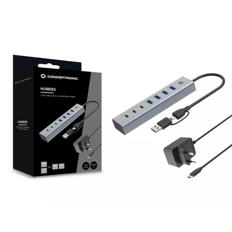 Conceptronic HUBBIES20GP hub USB 3.0 de 7 portas com fonte de alimentação, 5Gbps, USB-C x 3, USB-A x 4
