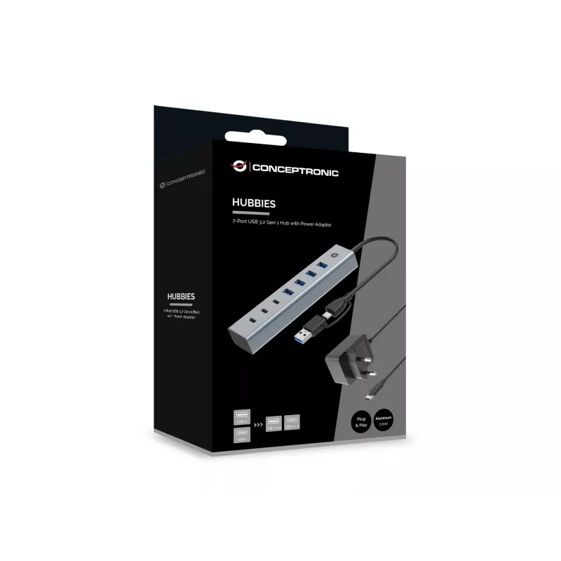 Conceptronic HUBBIES20GP hub USB 3.0 de 7 portas com fonte de alimentação, 5Gbps, USB-C x 3, USB-A x 4
