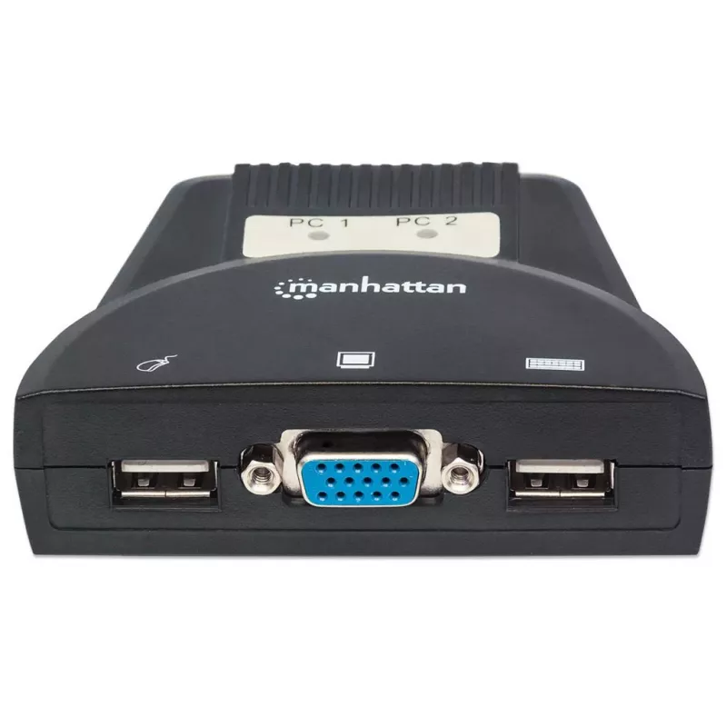 Comutador KVM Manhattan Mini 2 portas, 2x USB-A, cabo incluído, suporte de áudio, controlo de 2 computadores através de um teclado/rato/ecrã, preto, garantia vitalícia, embalado