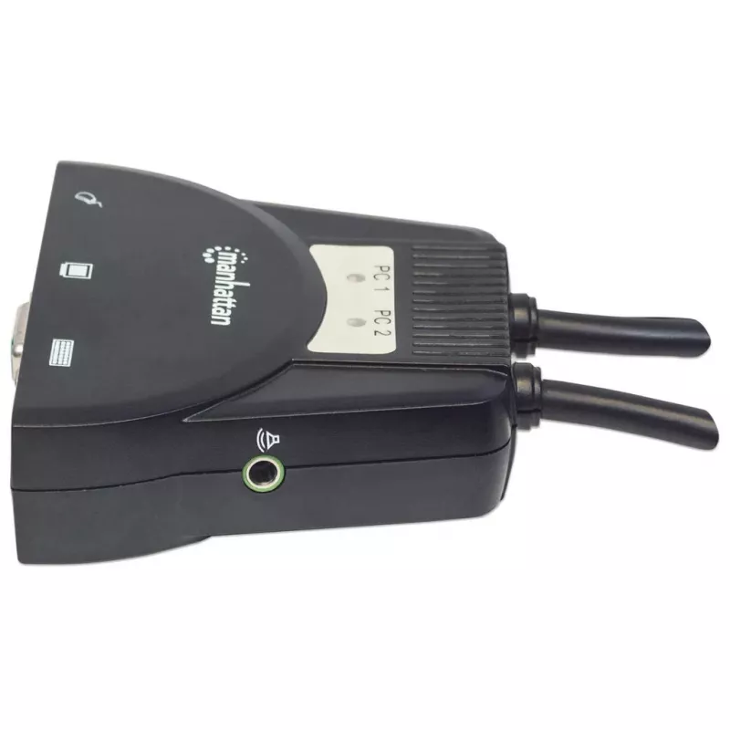 Comutador KVM Manhattan Mini 2 portas, 2x USB-A, cabo incluído, suporte de áudio, controlo de 2 computadores através de um teclado/rato/ecrã, preto, garantia vitalícia, embalado