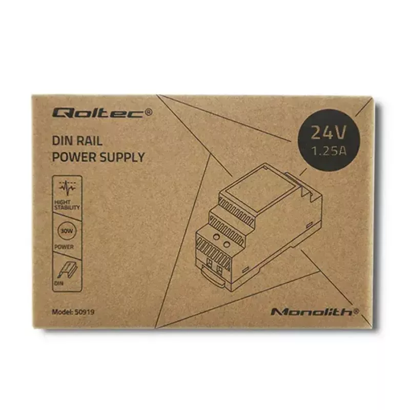 Fonte de alimentação para calha DIN QOLTEC 30W 24V 1,25A cinzento