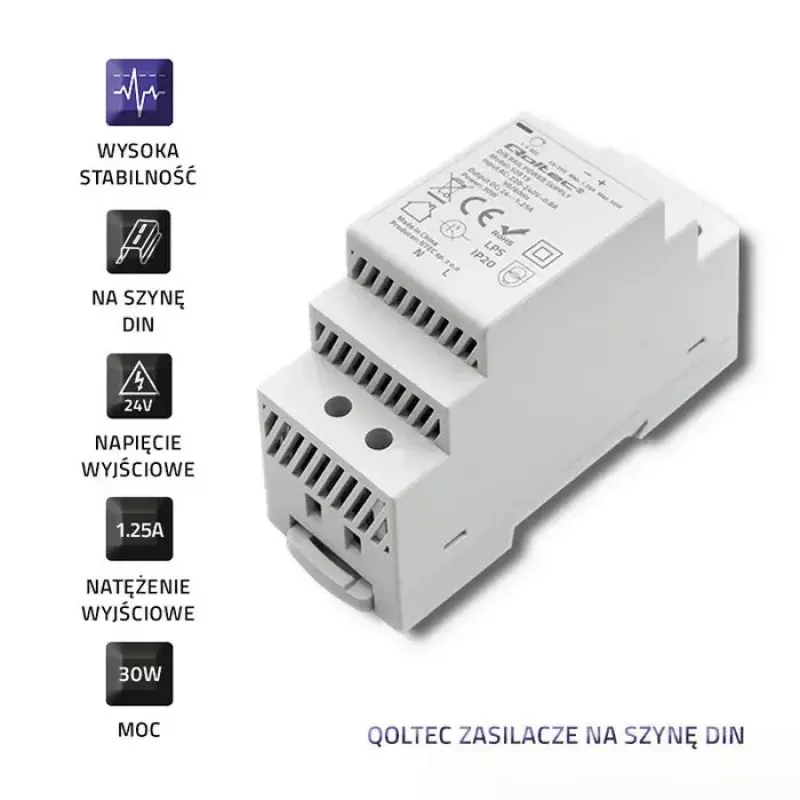 Fonte de alimentação para calha DIN QOLTEC 30W 24V 1,25A cinzento