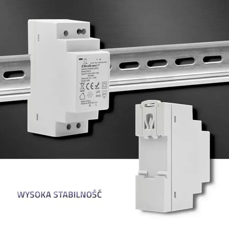 Fonte de alimentação para calha DIN QOLTEC 30W 24V 1,25A cinzento