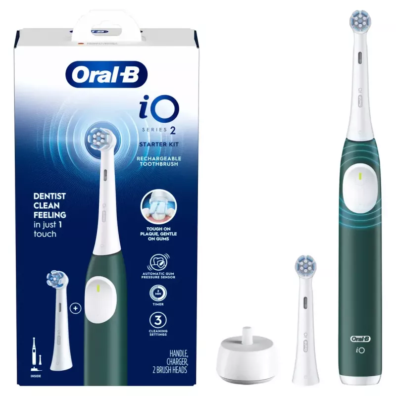 Escova de dentes elétrica BRAUN iO2 — escova de dentes recarregável para adultos, 3 modos, sensor de pressão, 2 cabeças de escova, Forest Green
