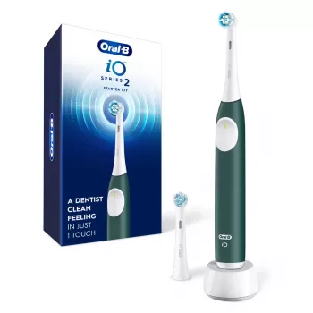 Escova de dentes elétrica BRAUN iO2 — escova de dentes recarregável para adultos, 3 modos, sensor de pressão, 2 cabeças de escova, Forest Green