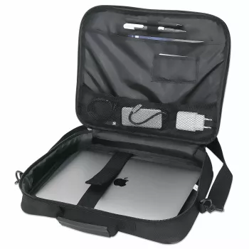 Manhattan Cambridge Mala para portátil 14,1 polegadas, design Clamshell, Preto, ECONÓMICA, compartimento para acessórios, compartimento para documentos na parte traseira, alça de ombro (amovível), equivalente a Targus CN313/CN414EU, mala para portátil, três anos de garantia