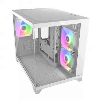 Caixa de PC Mini Tower Cougar FV150 ARGB branco — Micro-ATX / Mini-ITX, janela lateral, 2x120mm + 1x120mm ventoinhas, baías de 2,5 polegadas e 3,5 polegadas
