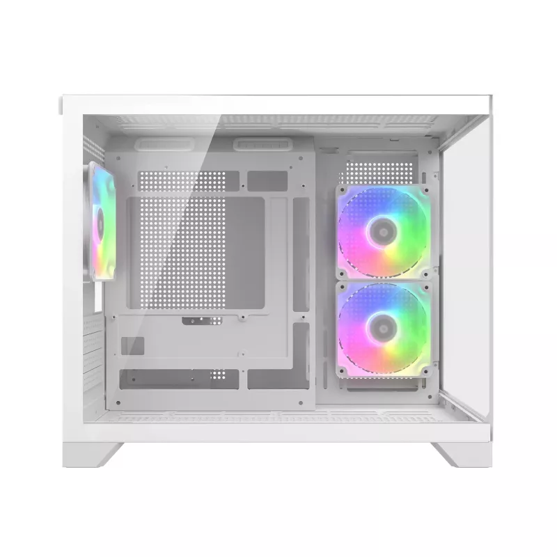 Caixa de PC Mini Tower Cougar FV150 ARGB branco — Micro-ATX / Mini-ITX, janela lateral, 2x120mm + 1x120mm ventoinhas, baías de 2,5 polegadas e 3,5 polegadas
