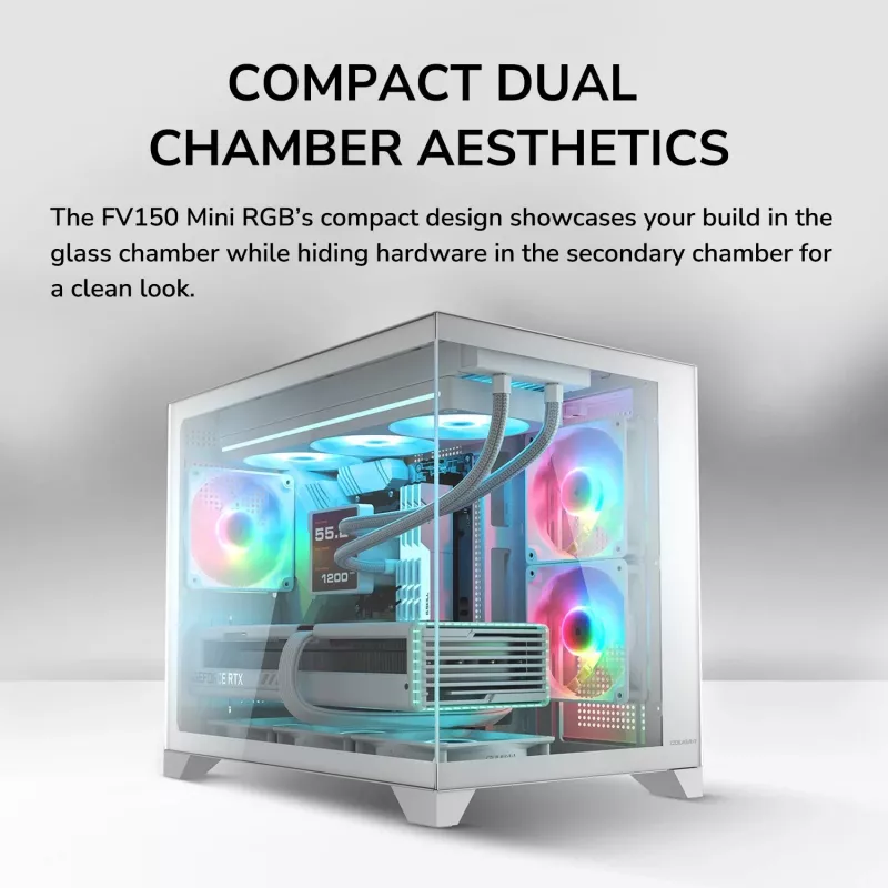 Caixa de PC Mini Tower Cougar FV150 ARGB branco — Micro-ATX / Mini-ITX, janela lateral, 2x120mm + 1x120mm ventoinhas, baías de 2,5 polegadas e 3,5 polegadas