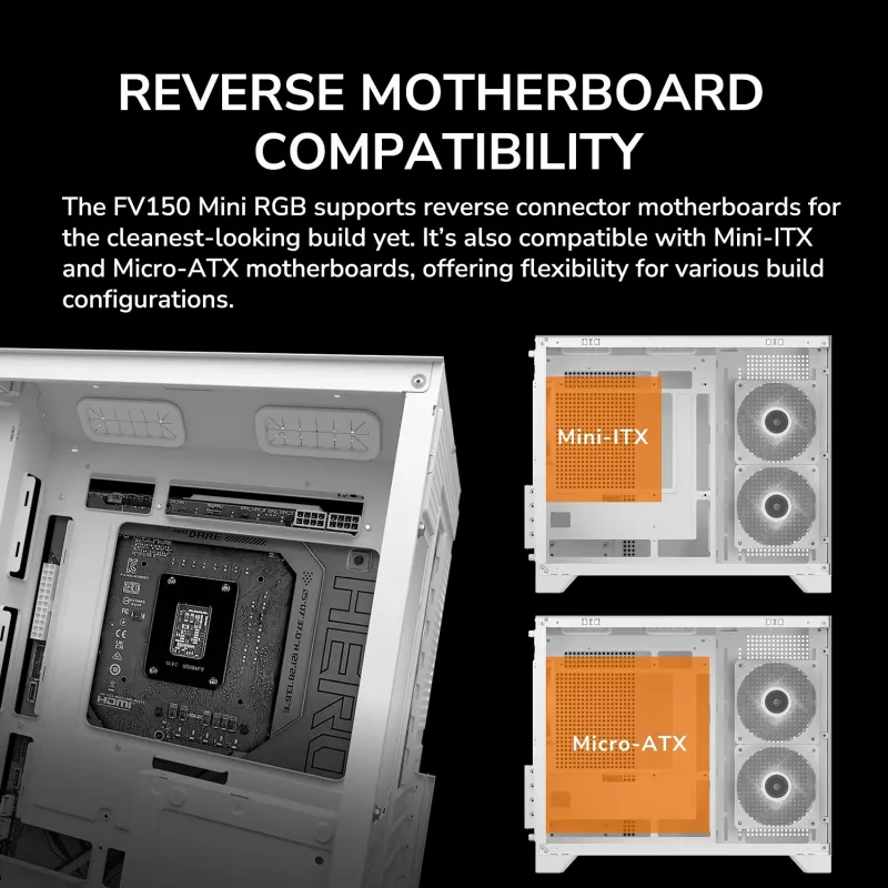 Caixa de PC Mini Tower Cougar FV150 ARGB branco — Micro-ATX / Mini-ITX, janela lateral, 2x120mm + 1x120mm ventoinhas, baías de 2,5 polegadas e 3,5 polegadas