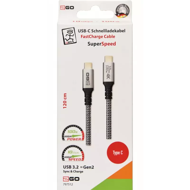 Cabo USB 2GO 797512 USB 3.2 Gen 2 1,2 m USB C Preto Prateado