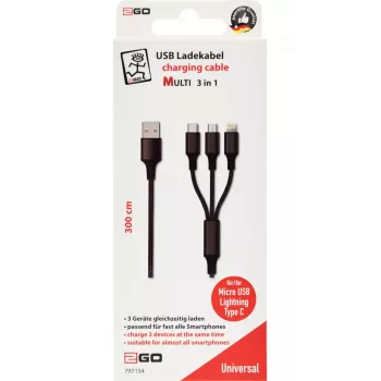 Cabo USB 2GO 797154 3m USB B USB C/Micro-USB B/Lightning Preto