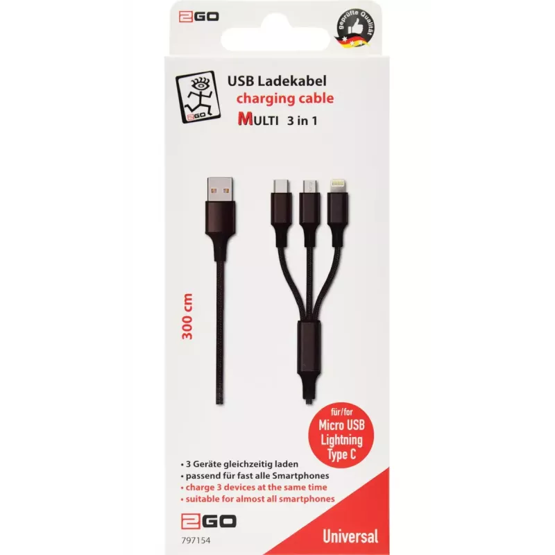 Cabo USB 2GO 797154 3m USB B USB C/Micro-USB B/Lightning Preto