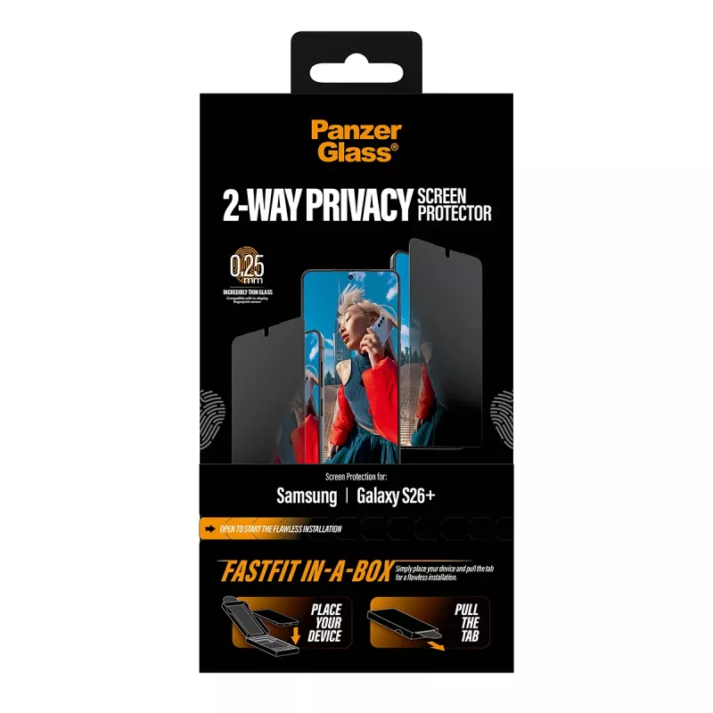 Película protetora de ecrã PanzerGlass privacidade bidirecional para Samsung New Galaxy S 2026 Plus — película PET ultra-ampla com FASTFIT