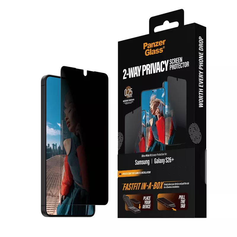 Película protetora de ecrã PanzerGlass privacidade bidirecional para Samsung New Galaxy S 2026 Plus — película PET ultra-ampla com FASTFIT