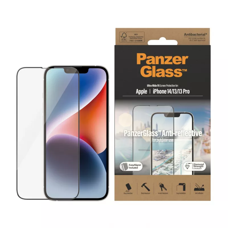 Protetor de ecrã PanzerGlass antirreflexo para Apple iPhone 14 / 13 / 13 Pro — vidro temperado, PET, ajuste ultra-amplo, EasyAligner