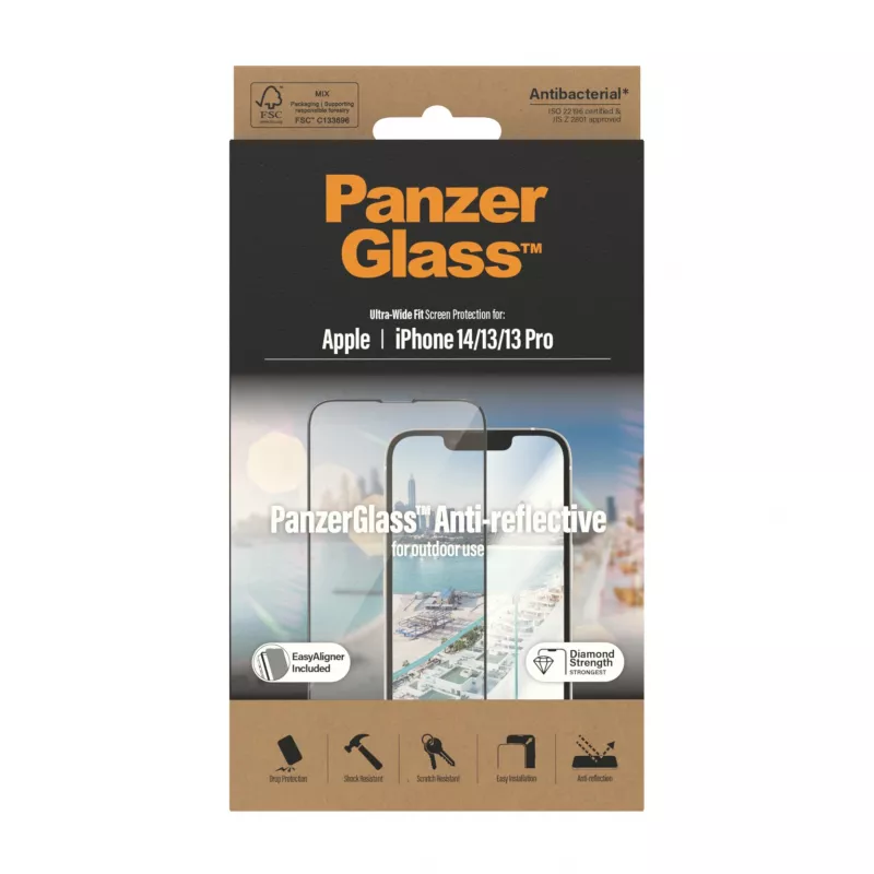 Protetor de ecrã PanzerGlass antirreflexo para Apple iPhone 14 / 13 / 13 Pro — vidro temperado, PET, ajuste ultra-amplo, EasyAligner