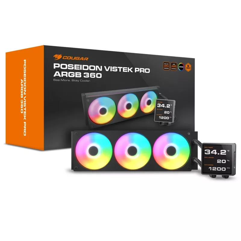 Refrigeração líquida all-in-one para CPU Cougar Poseidon Vistek Pro 360, ARGB, ventoinhas de 120 mm, preto, suporte multi-socket