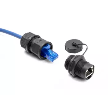 Conector fêmea RJ45 Cat.6A DeLOCK com tampa de proteção IP67 à prova de pó e água