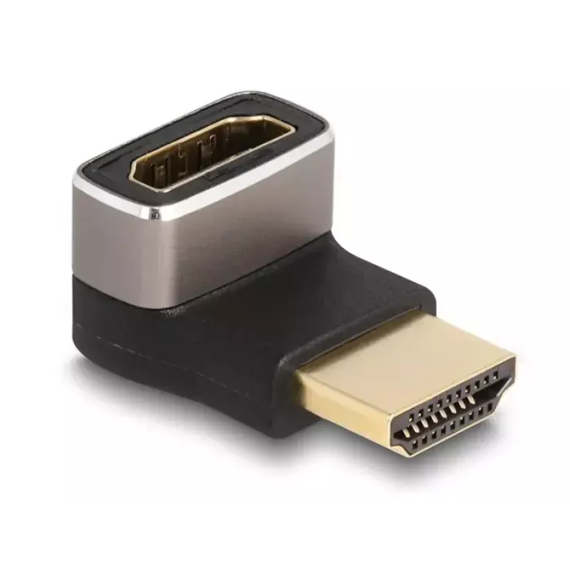 Adaptador HDMI DeLOCK ficha para conector fêmea 90° angular para baixo 8K 60 Hz cinzento metal