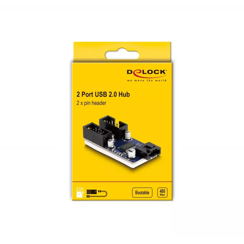 DeLOCK Hub USB 2.0 com pin header 2 portas preto azul