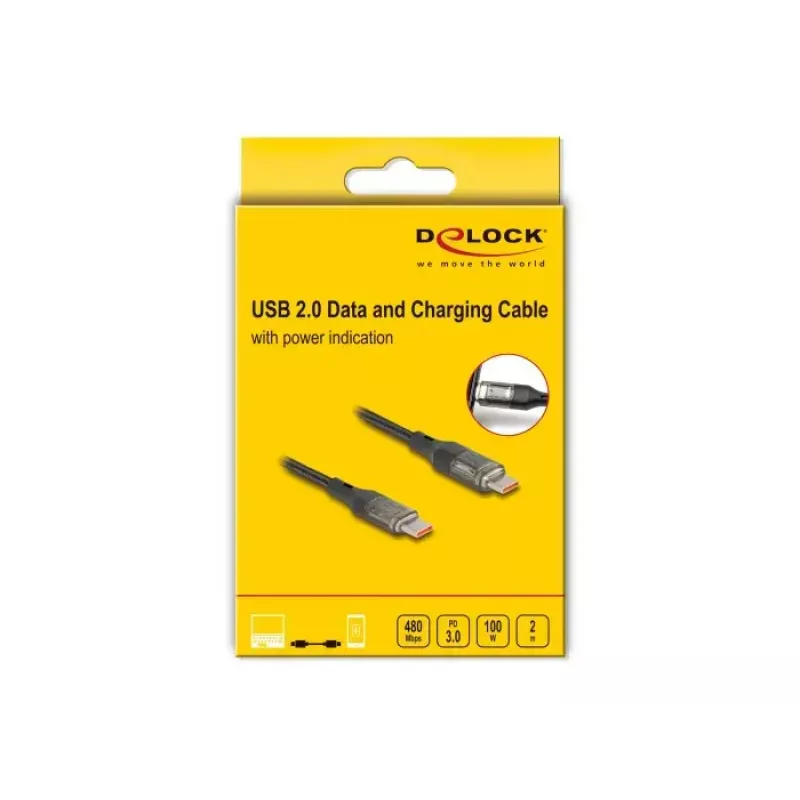 Cabo DELOCK USB Type-C para USB Type-C PD 3.0 100 W dados USB 2.0 2 m com indicador de potência