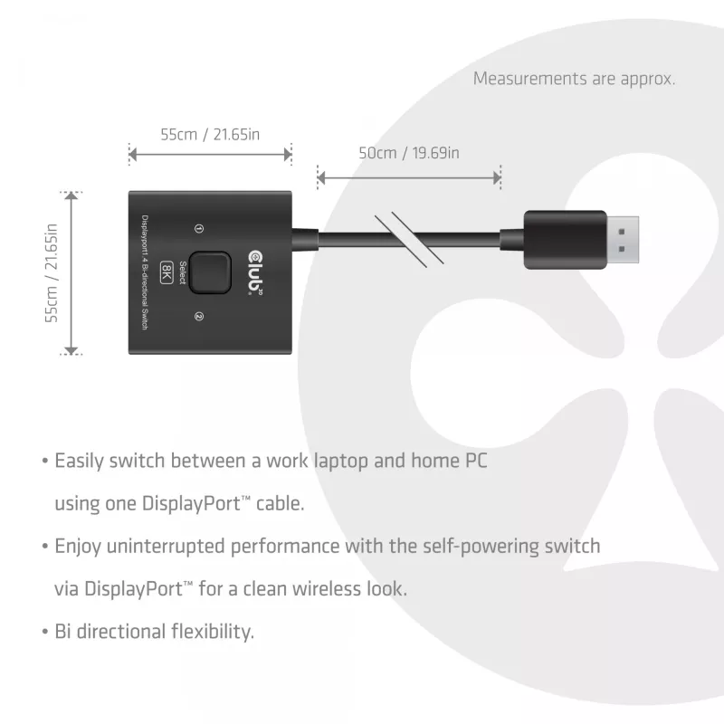Switch bidirecional DisplayPort 2-em-1 CLUB3D CSV-1009 — 2 saídas DisplayPort, 8K@60Hz, preto