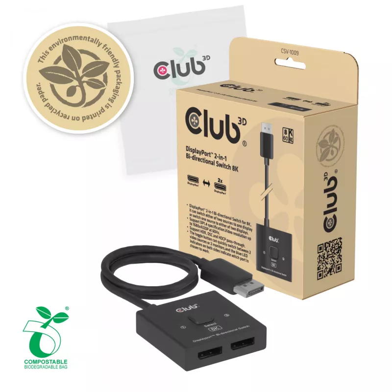 Switch bidirecional DisplayPort 2-em-1 CLUB3D CSV-1009 — 2 saídas DisplayPort, 8K@60Hz, preto