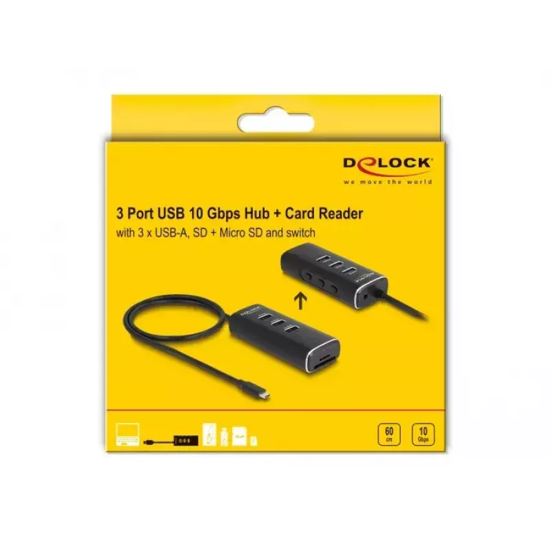 DeLOCK Hub USB 3 Portas 10 Gbps com leitor SD Micro SD Type-C cabo 60 cm