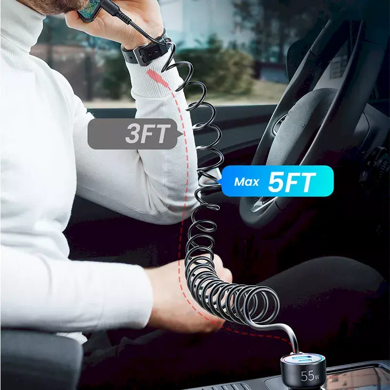 Carregador de automóvel Joyroom JR-CL07 3-em-1 60W com cabo USB-C integrado 1,6 m, preto