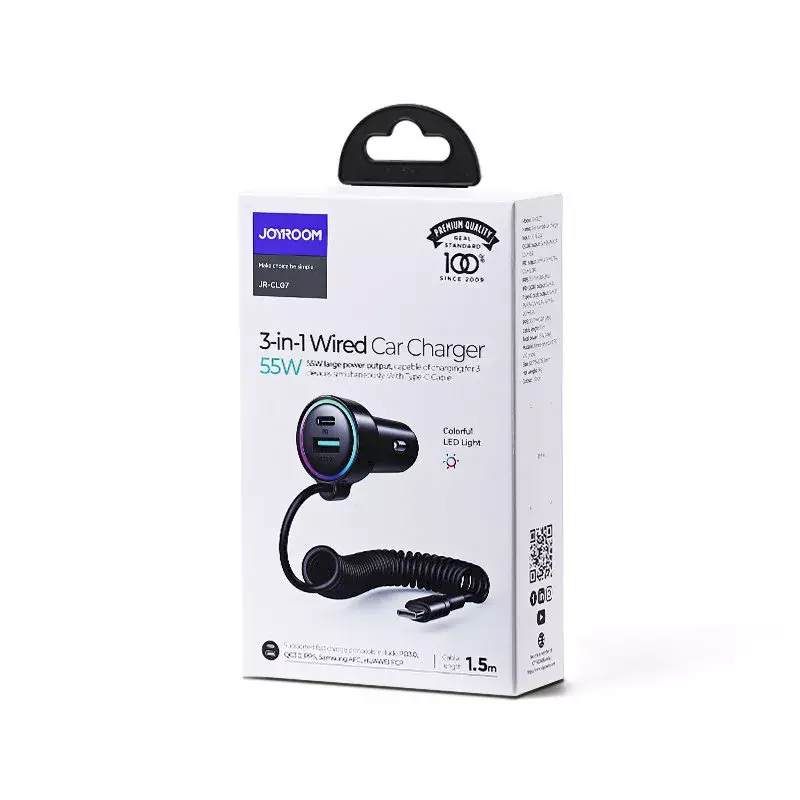 Carregador de automóvel Joyroom JR-CL07 3-em-1 60W com cabo USB-C integrado 1,6 m, preto