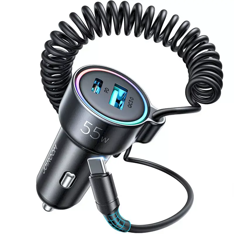 Carregador de automóvel Joyroom JR-CL07 3-em-1 60W com cabo USB-C integrado 1,6 m, preto