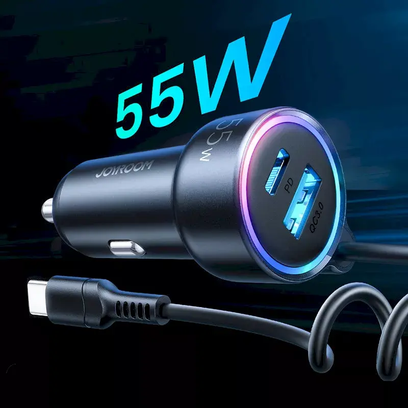 Carregador de automóvel Joyroom JR-CL07 3-em-1 60W com cabo USB-C integrado 1,6 m, preto