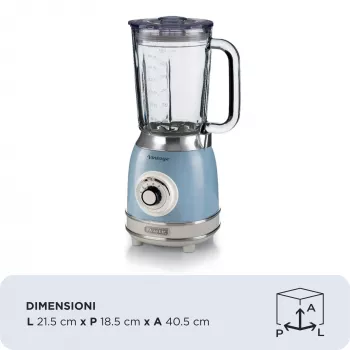 Ariete 583, misturadora Vintage com jarro de vidro de 1,5 litros, 4 lâminas de aço inoxidável, 4 velocidades + Pulse, 1000 Watt, azul
