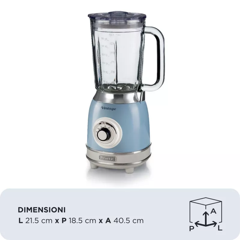 Ariete 583, misturadora Vintage com jarro de vidro de 1,5 litros, 4 lâminas de aço inoxidável, 4 velocidades + Pulse, 1000 Watt, azul