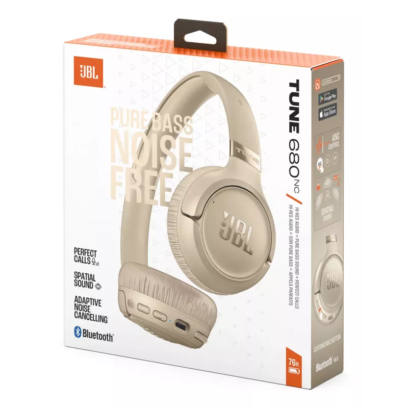 Headset JBL Tune 680NC, com fios e sem fios (Bluetooth, USB-C), circum-aural, arco de cabeça, bege, 20–20000 Hz, 161 g