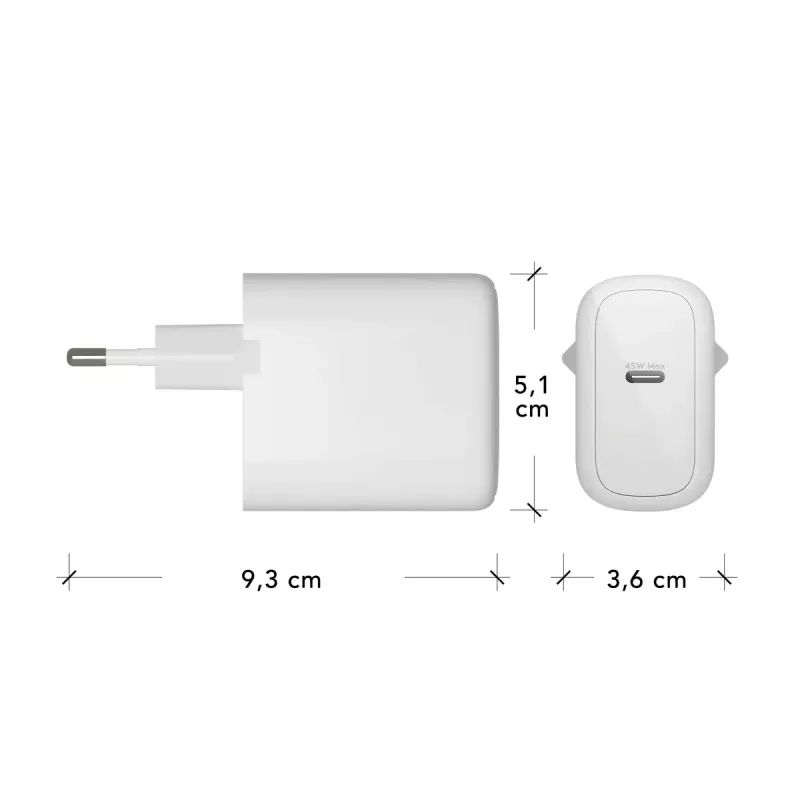 Carregador de parede USB-C 45W d bramante re-charge Pro — interior, 110–240V, branco