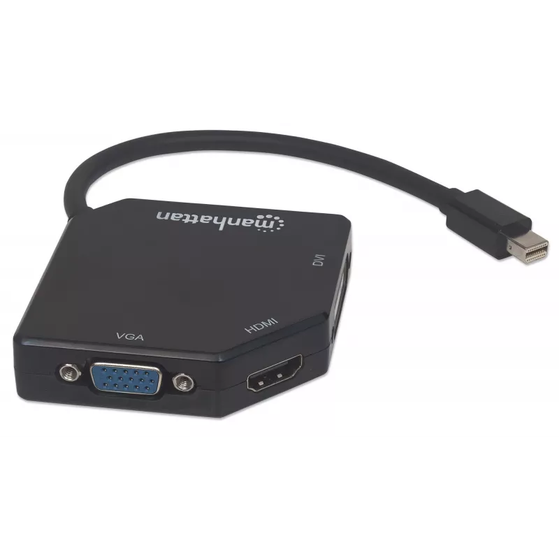 Manhattan cabo adaptador Mini DisplayPort 1.2 para HDMI, DVI e VGA (3-em-1), 25 cm, preto, macho para fêmea, passivo, HDMI 4K@30Hz, VGA e DVI 1080p@60Hz, corresponde a MDP2VGDVHD, compatível com DVI-D, três anos de garantia, blister