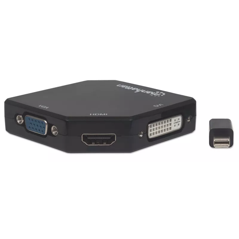 Manhattan cabo adaptador Mini DisplayPort 1.2 para HDMI, DVI e VGA (3-em-1), 25 cm, preto, macho para fêmea, passivo, HDMI 4K@30Hz, VGA e DVI 1080p@60Hz, corresponde a MDP2VGDVHD, compatível com DVI-D, três anos de garantia, blister