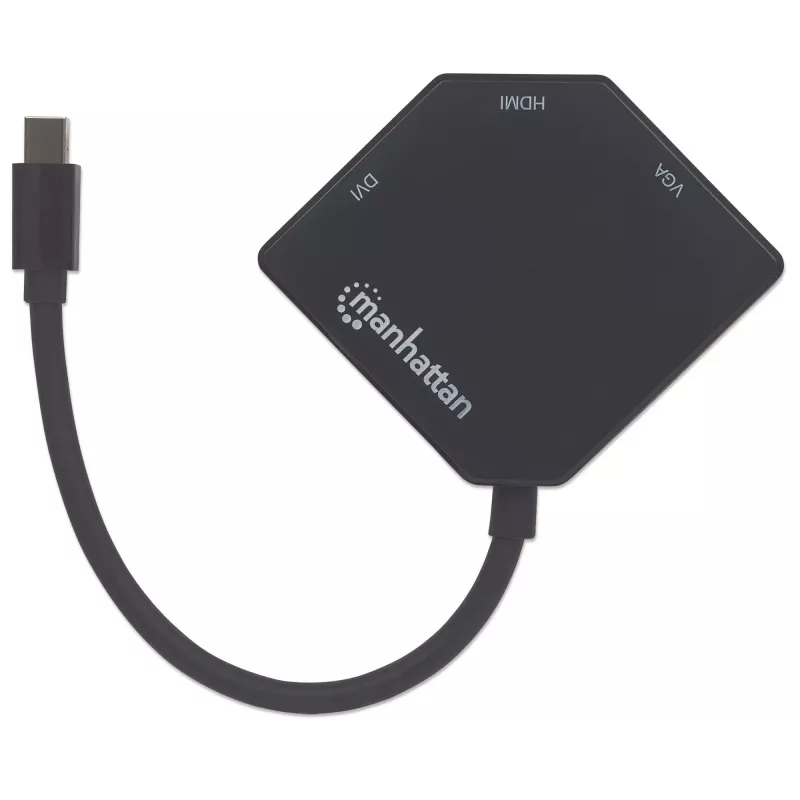 Manhattan cabo adaptador Mini DisplayPort 1.2 para HDMI, DVI e VGA (3-em-1), 25 cm, preto, macho para fêmea, passivo, HDMI 4K@30Hz, VGA e DVI 1080p@60Hz, corresponde a MDP2VGDVHD, compatível com DVI-D, três anos de garantia, blister