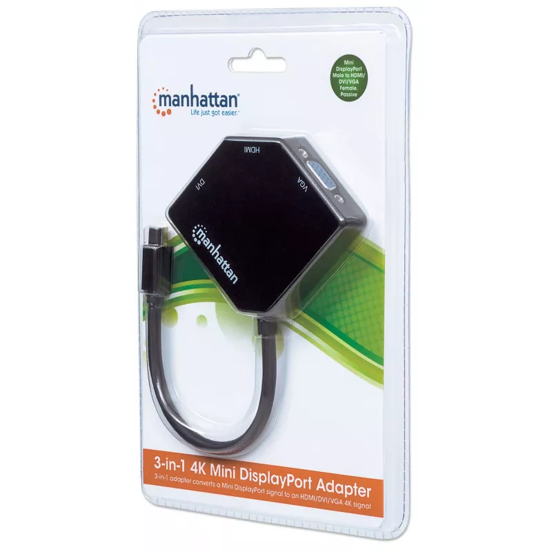Manhattan cabo adaptador Mini DisplayPort 1.2 para HDMI, DVI e VGA (3-em-1), 25 cm, preto, macho para fêmea, passivo, HDMI 4K@30Hz, VGA e DVI 1080p@60Hz, corresponde a MDP2VGDVHD, compatível com DVI-D, três anos de garantia, blister
